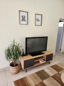 uma sala de estar com uma televisão de ecrã plano num suporte em Eros Weg Family Flat em Windhoek