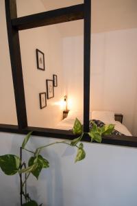 espejo en una habitación con cama y planta en Breuil Station, studio tout confort, en La Mure