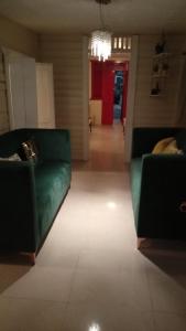 a living room with two green couches and a hallway at Classic House, Modern Spaces in Baní