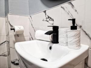 a bathroom sink with two rolls of toilet paper on it at Nice and comfy 1 bedroom apartment! in Liverpool