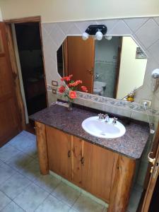 Un mostrador de baño con un lavabo y un espejo. en Casa de La Montaña, en Villa La Angostura