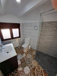 een badkamer met een toilet, een wastafel en een douche bij Casa Pedro in Vélez Rubio