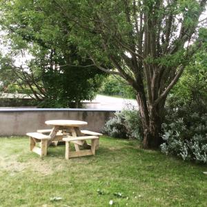 a picnic table in the grass next to a tree at Finner-House in Bundoran +25 photos