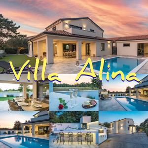 un collage de fotos de una villa con piscina en SPECIAL OFFER! NEW LUXURY APARTMENT with pool, fitness, outdoor bar&grill, en Buje