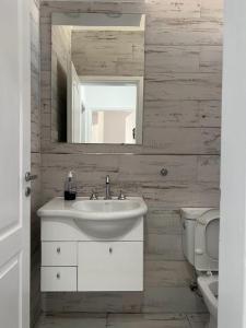 een badkamer met een wastafel, een spiegel en een toilet bij Departamento en Bragado B in Bragado