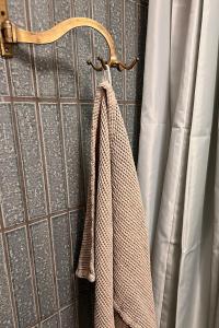 a towel hanging on a rack next to a curtain at Sea view nordic design apartment near beach great for couples in Snekkersten