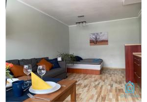 sala de estar con sofá y mesa con copas de vino en Camel Apartment en Gdansk