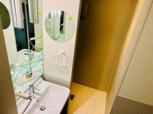 ロワシー・アン・フランスにあるスタンディング ホテル スイーツ バイ アクティソースのバスルーム(洗面台、鏡付)