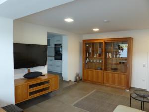 a living room with a large flat screen tv at Ferienapartment Auszeit- Sauna, Whirlpool und Garten zur Alleinnutzung in Traben-Trarbach