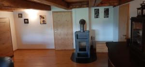 a living room with a wood stove in it at Familien Ferienwohnung Linder in Grafenhausen