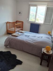 ein Schlafzimmer mit einem Bett und einem Fenster in der Unterkunft Maison de montagne avec vue panoramique in Bussang