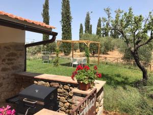 un patio con parrilla y una mesa con flores en Tenuta Le Mandorlaie, Agriturismo in Scansano, en Scansano