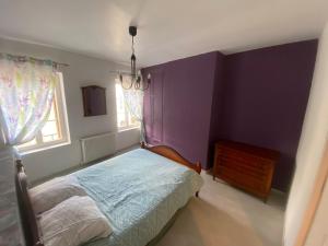 Un dormitorio con una cama y una pared morada. en Mouss, en Joinville