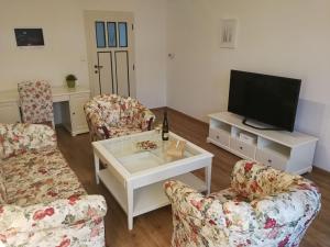 ein Wohnzimmer mit 2 Stühlen und einem TV in der Unterkunft Apartmány Na Staré poště in Jimramov