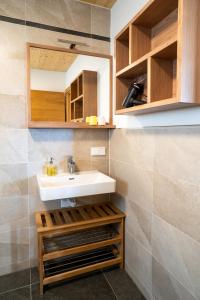 un baño con lavabo y espejo en Holzhaus "Zum Schwarz'n", en Aurach am Hongar 56 fotos más