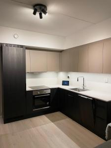 una cocina con armarios negros y fregadero en Seventh Apartment Lillestrøm, en Lillestrøm