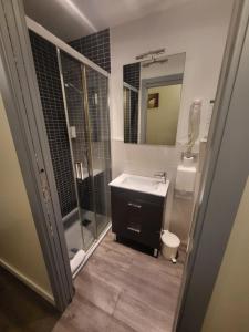 W łazience znajduje się umywalka, prysznic i lustro. w obiekcie Hotel Bellevue w mieście Hendaye