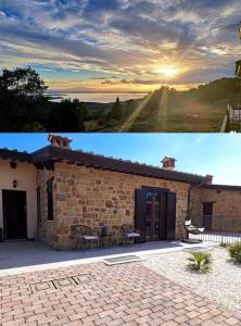 2 fotos de un edificio de piedra con patio en Casa Vacanze La Perla del Lago, en Passignano sul Trasimeno