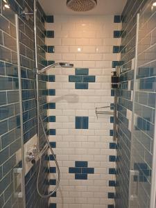 a bathroom with a shower with blue and white tiles at Le grenier à sel, Chaleureux 2 Chambres-Centre-Gare in Reims