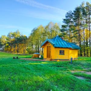 a small yellow house with a blue roof in a field at Domki całoroczne in Buda Ruska