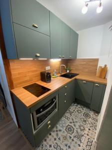uma cozinha com armários verdes e um lavatório em Appartement au pied des pistes et commerces - 5 personnes em Modane