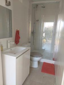 een witte badkamer met een toilet en een douche bij L'appartement in Le Pradet