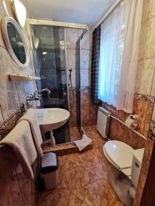 La salle de bains est pourvue d'un lavabo, d'une douche et de toilettes. dans l'établissement Pokoje Gościnne ZYNGRA, à Poronin