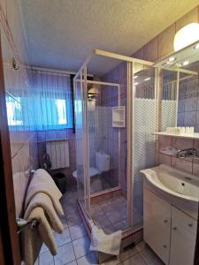 a bathroom with a shower and a sink at Pokoje Gościnne ZYNGRA in Poronin