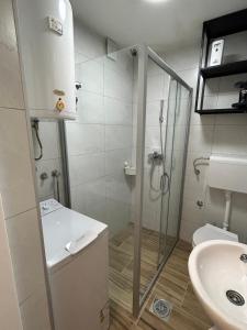 ein Bad mit einer Dusche, einem WC und einem Waschbecken in der Unterkunft MD STUDIO in Novi Sad