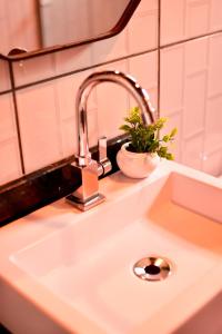 a sink with a faucet and a potted plant on it at Pousada do Nondas in Nobres