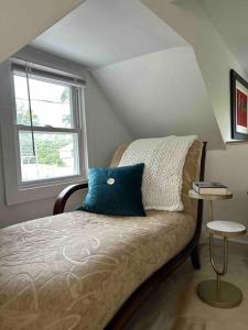 ein Schlafzimmer mit einem Bett mit einem blauen Kissen und einem Fenster in der Unterkunft The Horse Lover in Saratoga Springs