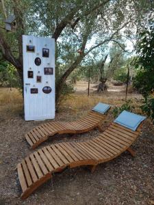 two wooden benches sitting in front of a fridge at Sol's Place in Mytilini