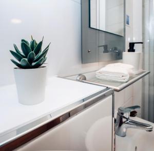 a bathroom with a sink and a potted plant on a counter at Kurzzeitglück 24h Self Check-In E02 in Essen