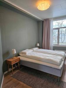 een slaapkamer met een groot bed en een raam bij Amazing Tromsø city apartment with free parking and lovely city views! in Tromsø