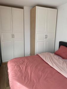 a bedroom with white cabinets and a bed with a pink blanket at Cosy home à 20min de paris et orly, Parking gratuit in Antony