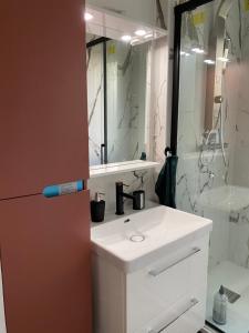 a bathroom with a white sink and a shower at Cosy home à 20min de paris et orly, Parking gratuit in Antony