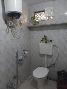 a bathroom with a toilet with plants on the wall at Vanita home stay in Udaipur