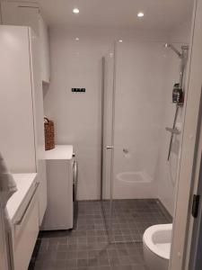 uma casa de banho branca com um chuveiro e um WC. em Kaksio uudessa talossa em Turku