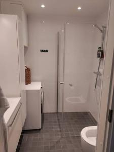 トゥルクにあるKaksio uudessa talossaのシャワーとトイレ付きの白いバスルーム
