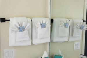 a group of towels hanging on a rack in a bathroom at Tranquillity Guest House in Key West