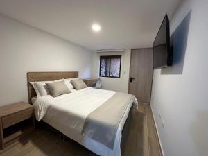 a bedroom with a bed and a flat screen tv at One Fourteen Rooms in Bogotá