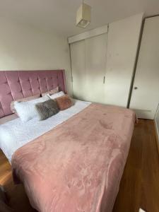 1 dormitorio con 1 cama grande y cabecero rosa en Departamento Talca , parque seminario en Talca