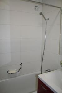 een badkamer met een douche, een spiegel en een wastafel bij MicroAppartment with bath and cozy balcony in Davos