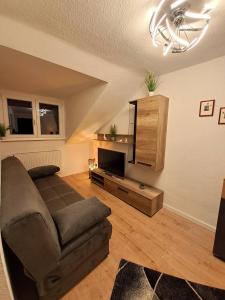 ein Wohnzimmer mit einem Sofa und einem TV in der Unterkunft Ferienwohnung Rheinsteig in Boppard