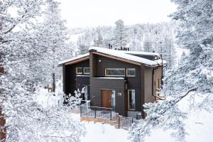 una cabaña de madera en la nieve con árboles en Villa Kuuru Hillside, en Ruka