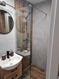 Apartament Gryfice في غريفيتسه: حمام مع حوض ودش