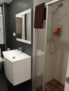 een badkamer met een witte wastafel en een douche bij APARTAMENTO COLON GARAJE Gratuito in Logroño