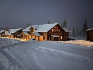 un groupe de maisons recouvertes de neige dans l'établissement Idre Mountain Lodge dream with outdoor Jacuzzi !, à Idre