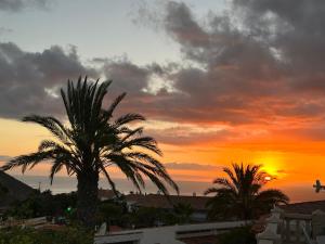 una puesta de sol con dos palmeras en primer plano en Villa Azure Horizon and Breeze - Panoramic Ocean View and Heated Pool, en Chayofa