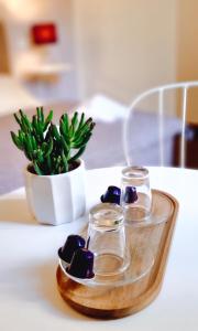 a wooden tray with two glasses and a potted plant at Dimora Montecchi in Verona